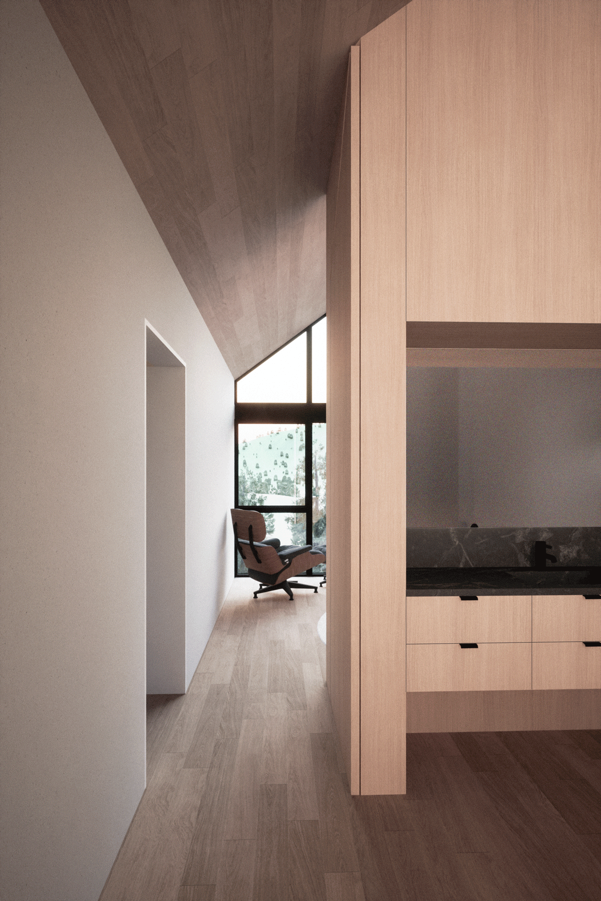 Architectural animated rendering of a full-height oak door that hides in the wall when open connecting the primary bathroom and bedroom.