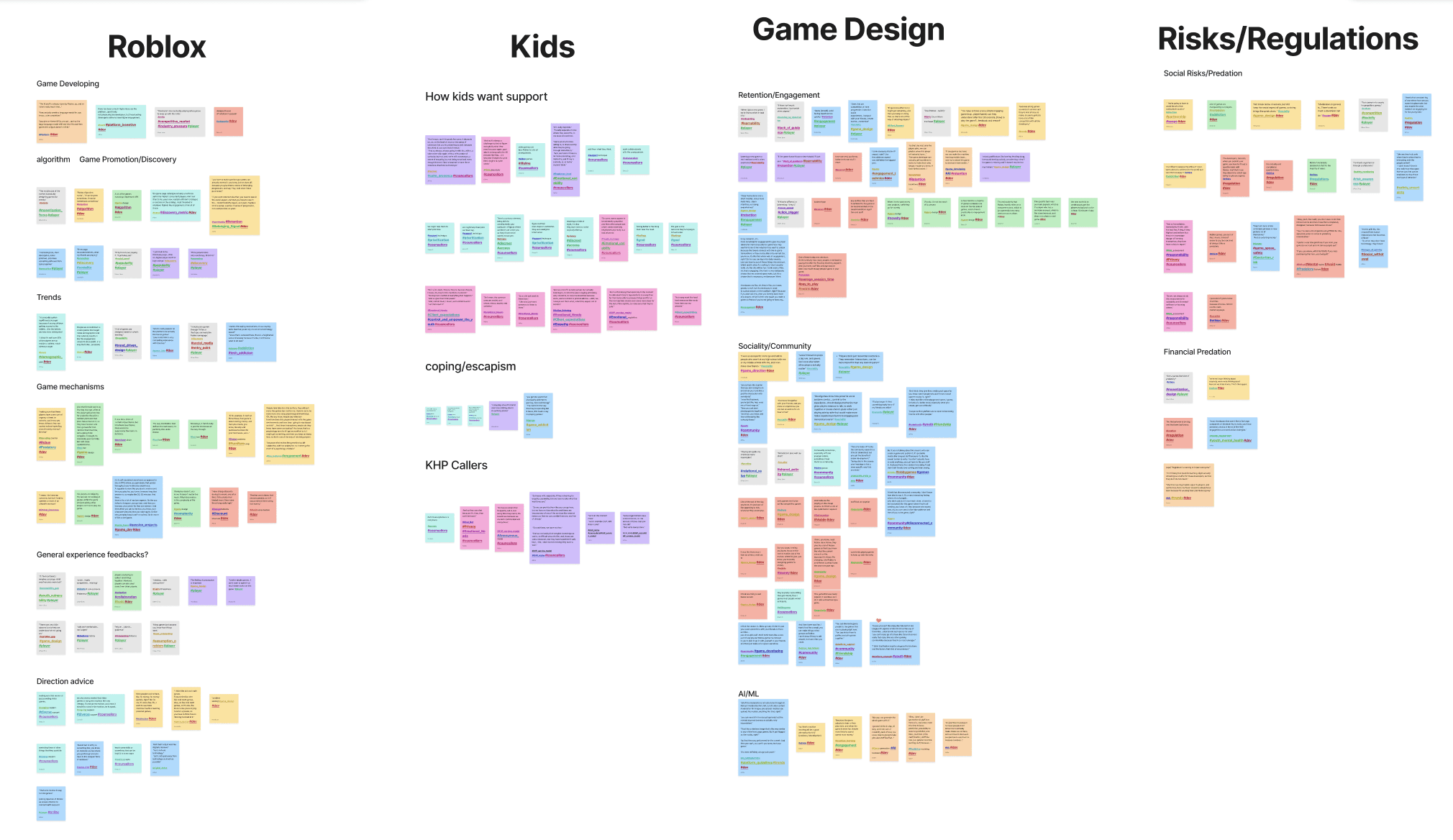 Affinity map in FigJam organizing interview findings into four categories