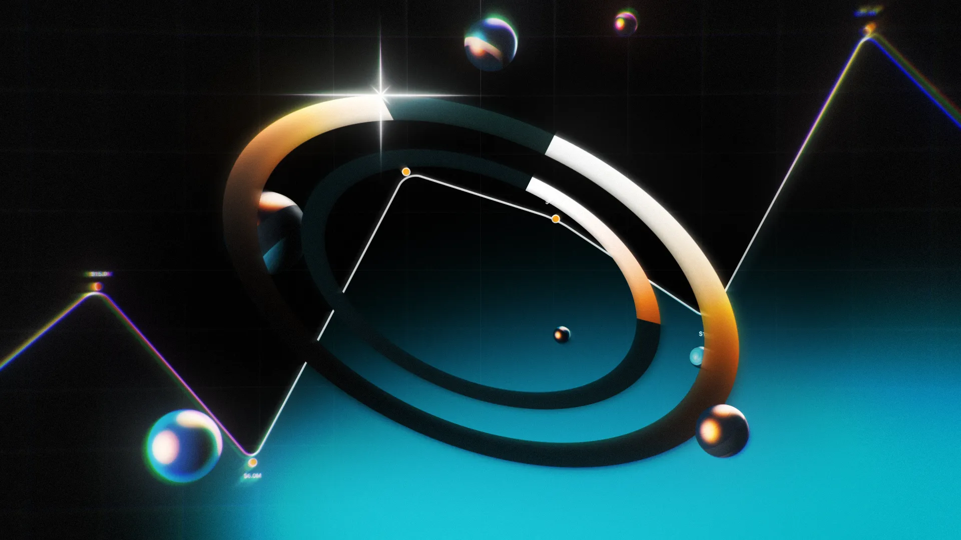 A stylized image featuring a metallic ring and balls against a dark and vibrant blue background.