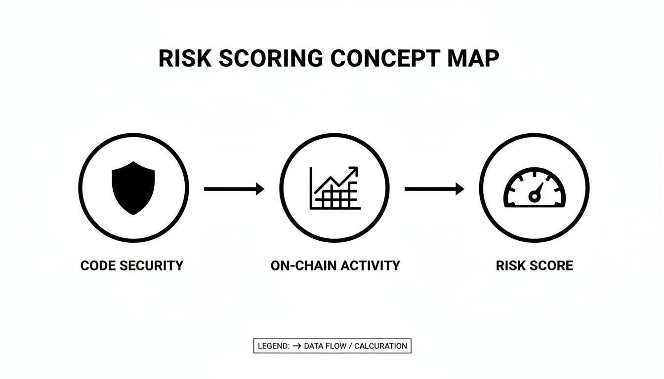 Concept map illustrating the flow from code security and on-chain activity to a final risk score.