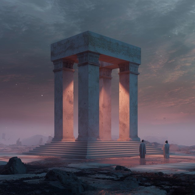 Ancient stone structure with four pillars at sunset in a mystical landscape.