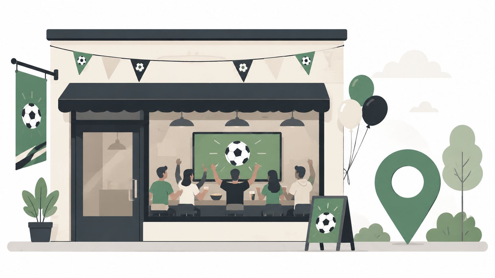 Grupo de personas celebrando un partido de fútbol en un bar decorado con temáticas del mundial.