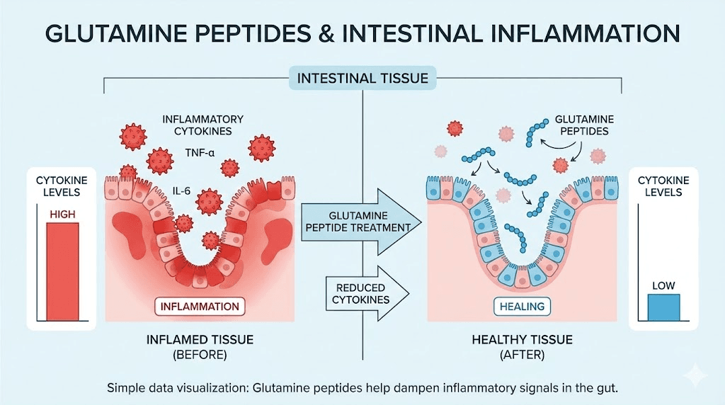 Glutamine peptides anti-inflammatory mechanism illustration