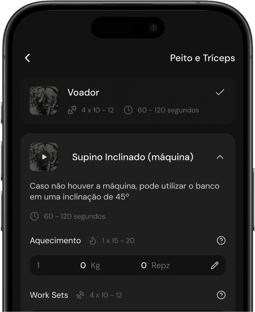 imagem de um celular com o aplicativo do aluno aberto para cadastrar as cargas e repetiõoes