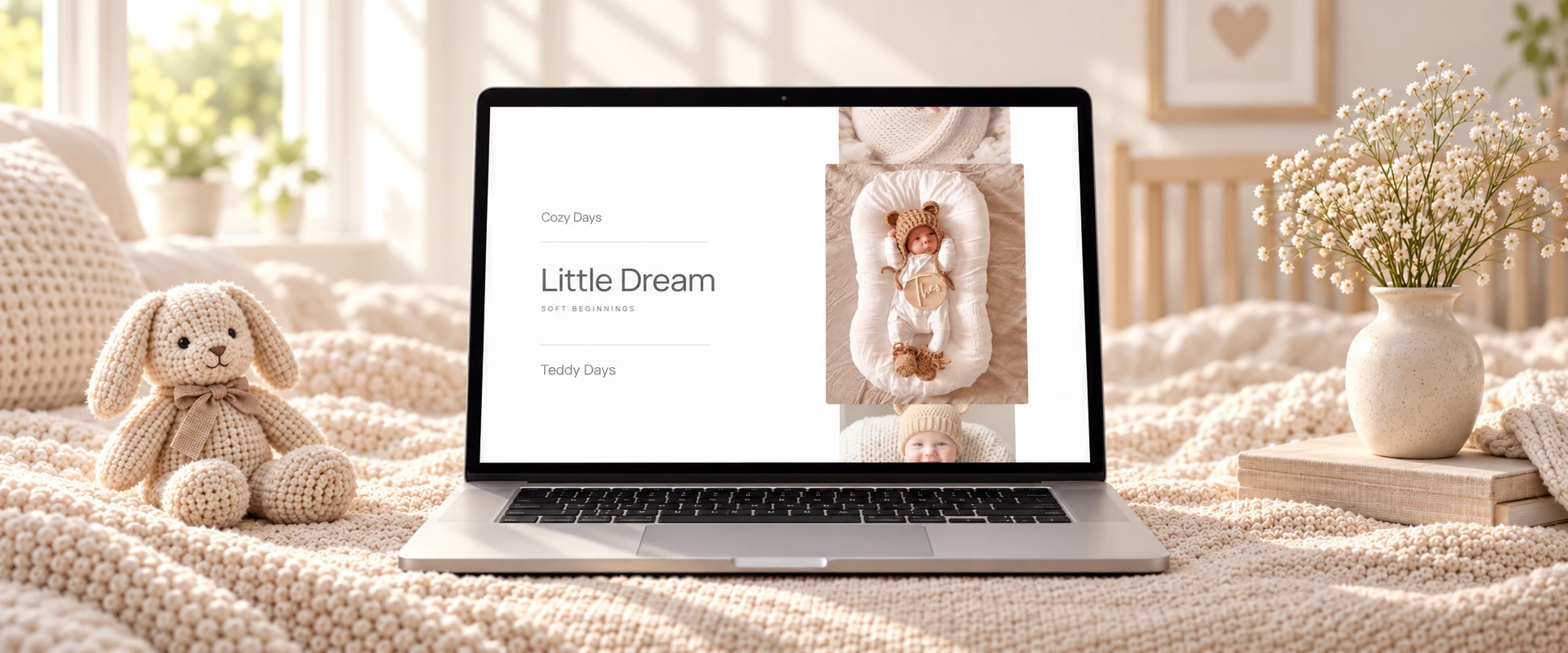 Opposing Carousel auf einem Laptop: Namen und Babyfotos in zwei gegenläufigen Spalten.