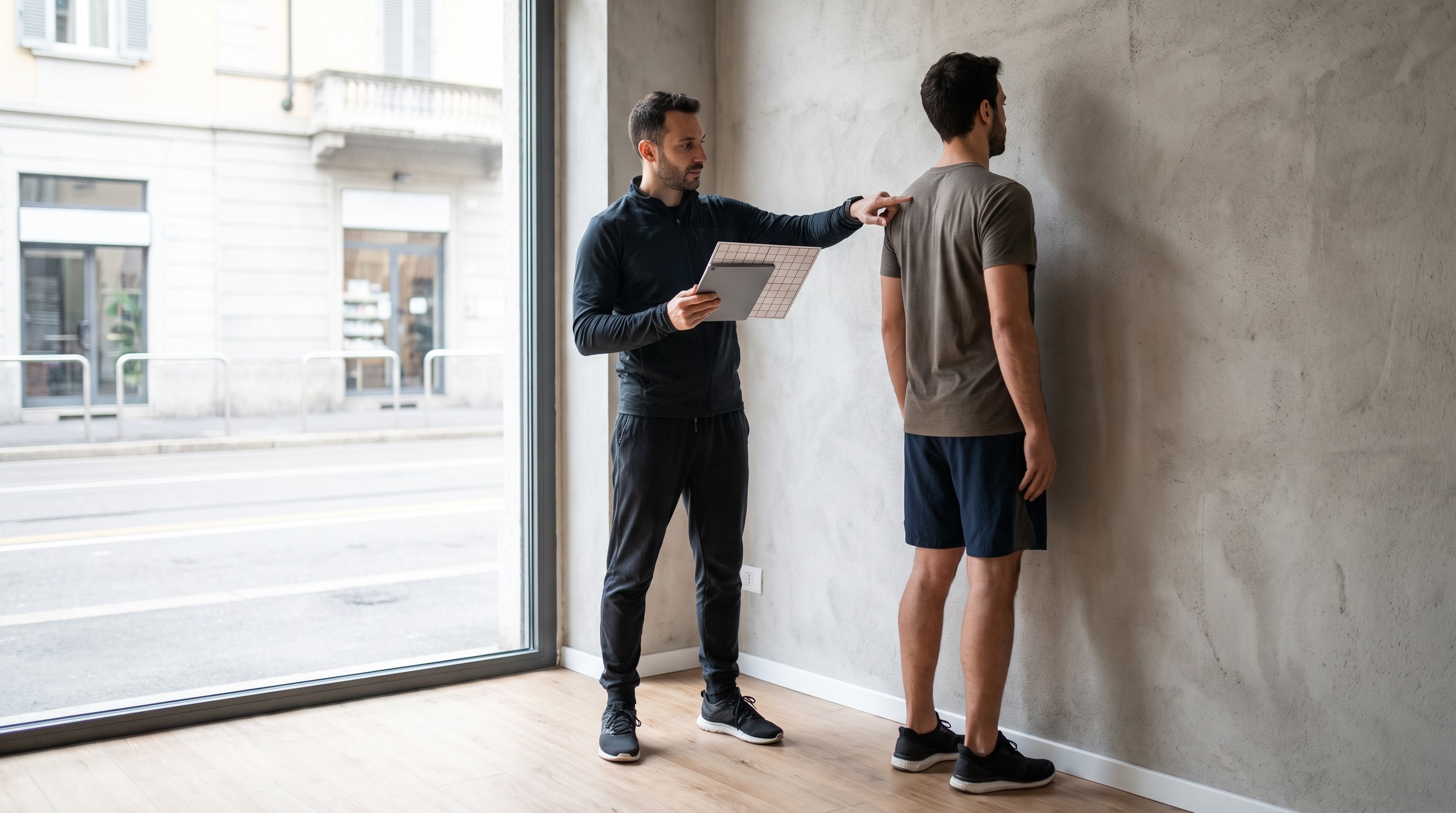 istruttore posturale AIF analizza catena muscolare posteriore su cliente in piedi in studio professionale