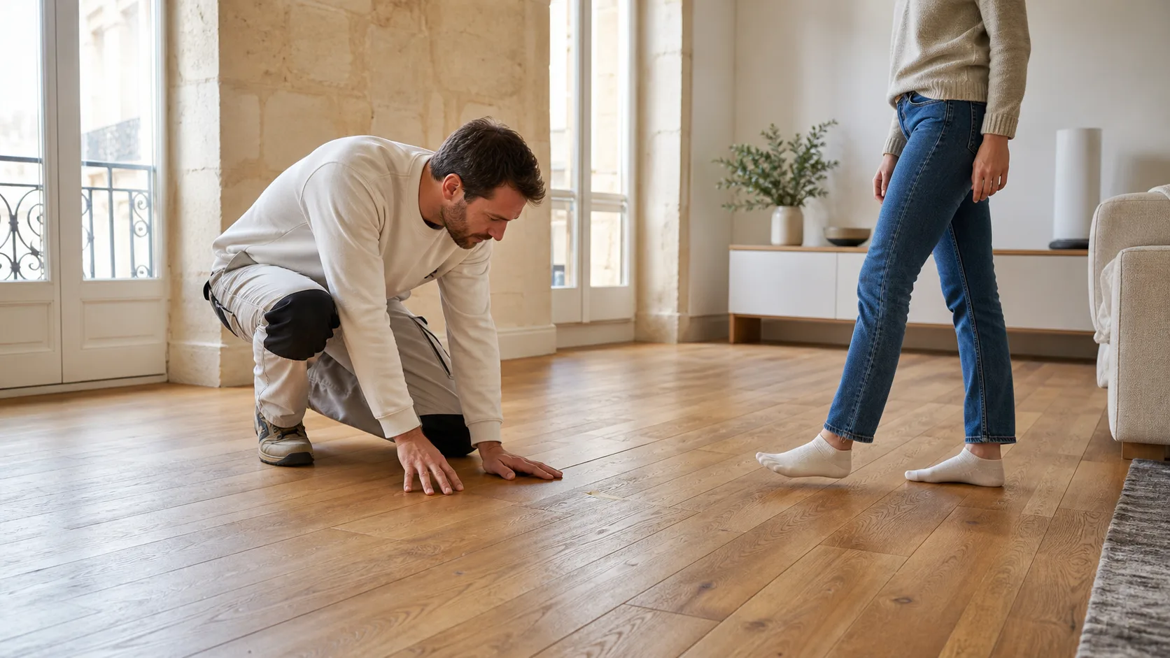 Artisan localisant un grincement sur un parquet ancien dans un appartement bordelais