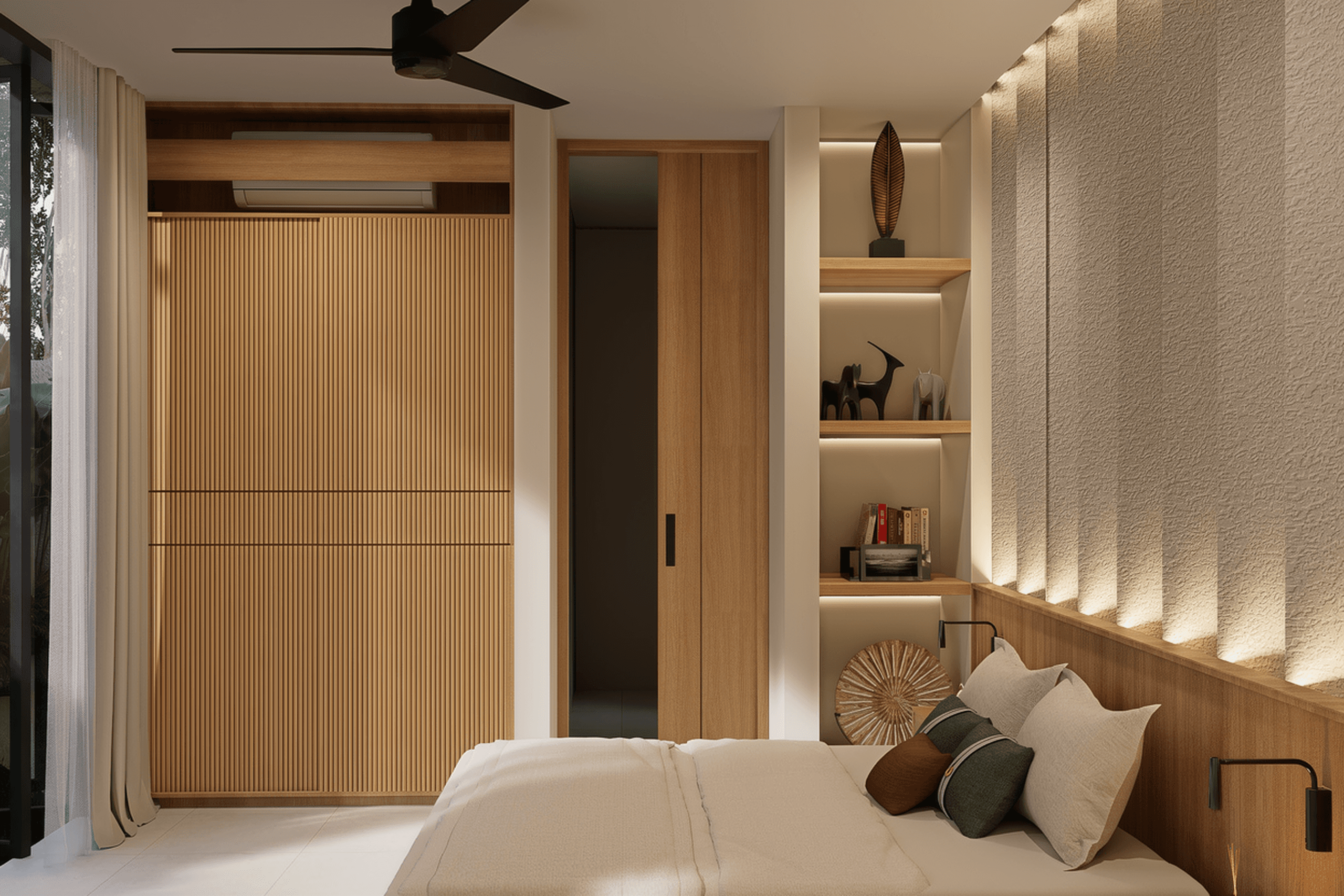 Minimalist bedroom storage and decorative shelving at Ungasan I, showcasing high-quality Bali craftsmanship.