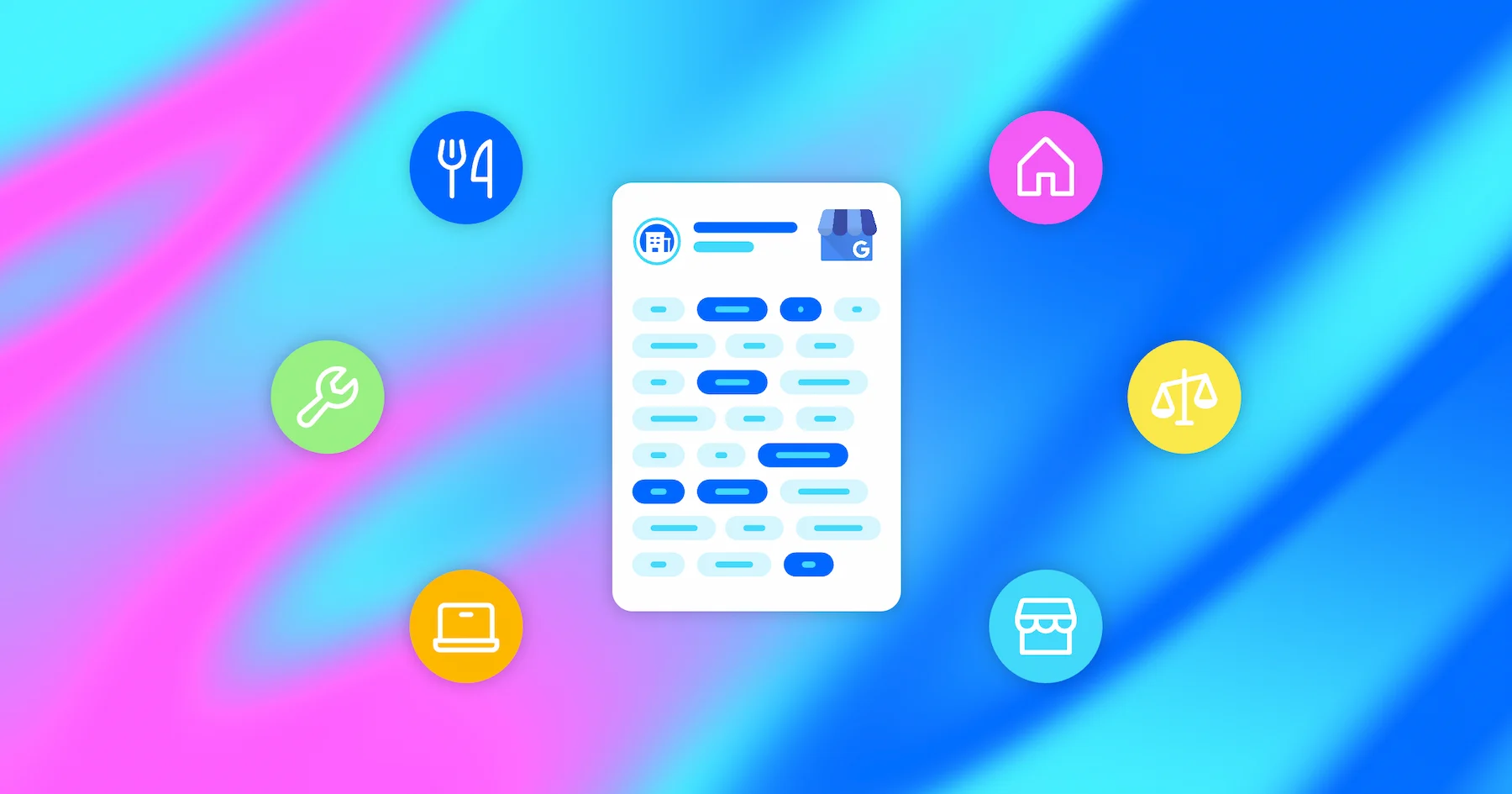 Category selection interface with bubbles showing icons for popular businesses like restaurants, mechanics, and retail stores.