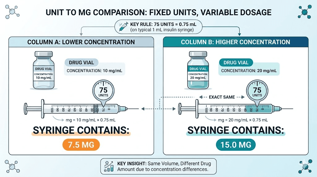 75 units of tirzepatide from different concentration vials delivers different mg doses