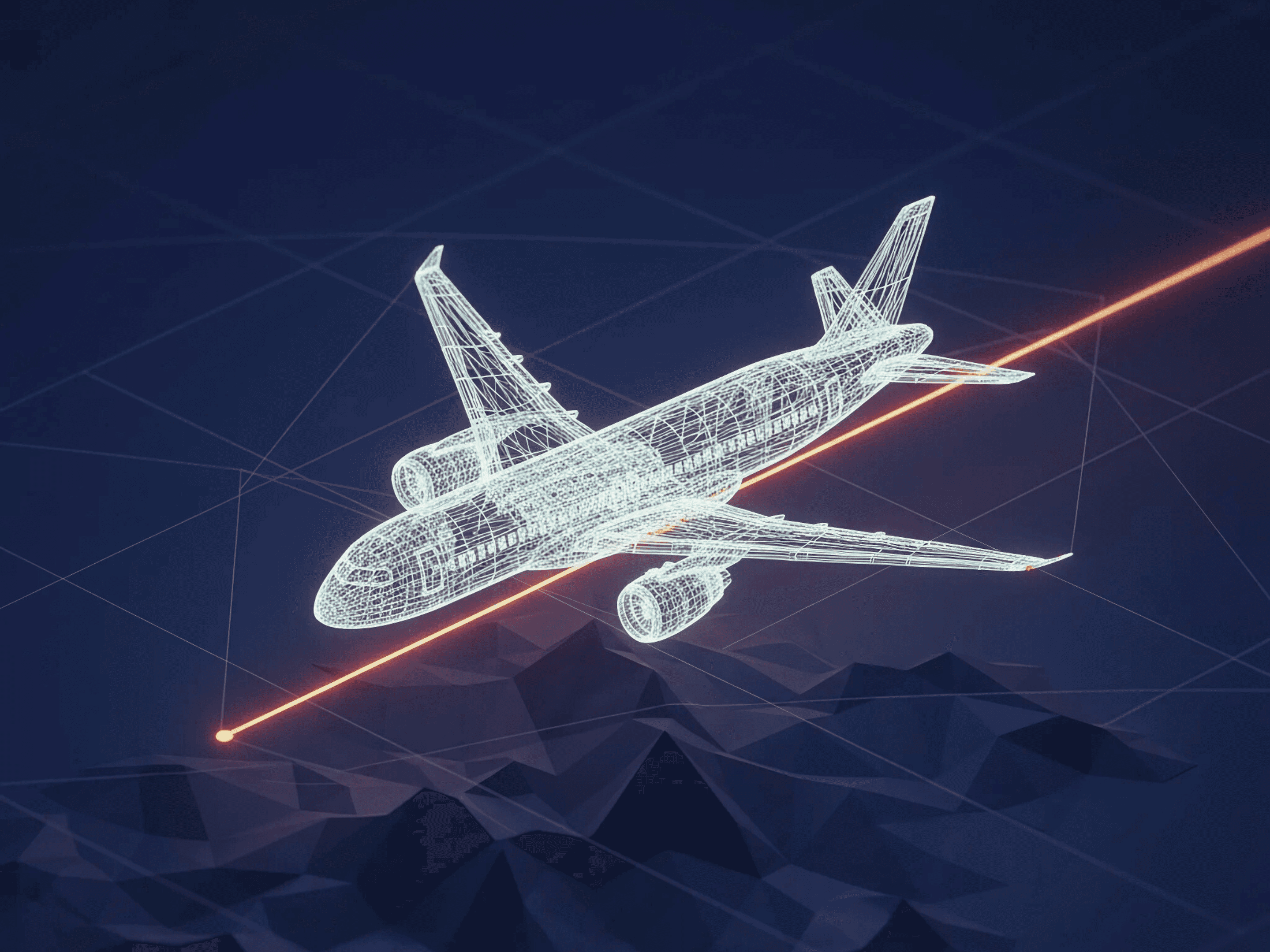 Wire Frame image of Passenger Jet following the path of the Volant Orange Line