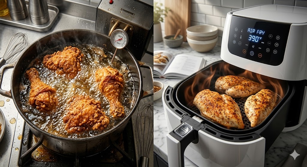 A side-by-side photograph comparing two cooking methods: on the left, chicken drumsticks are deep frying in bubbling hot oil; on the right, seasoned chicken breasts are cooking inside an active air fryer in a modern kitchen.