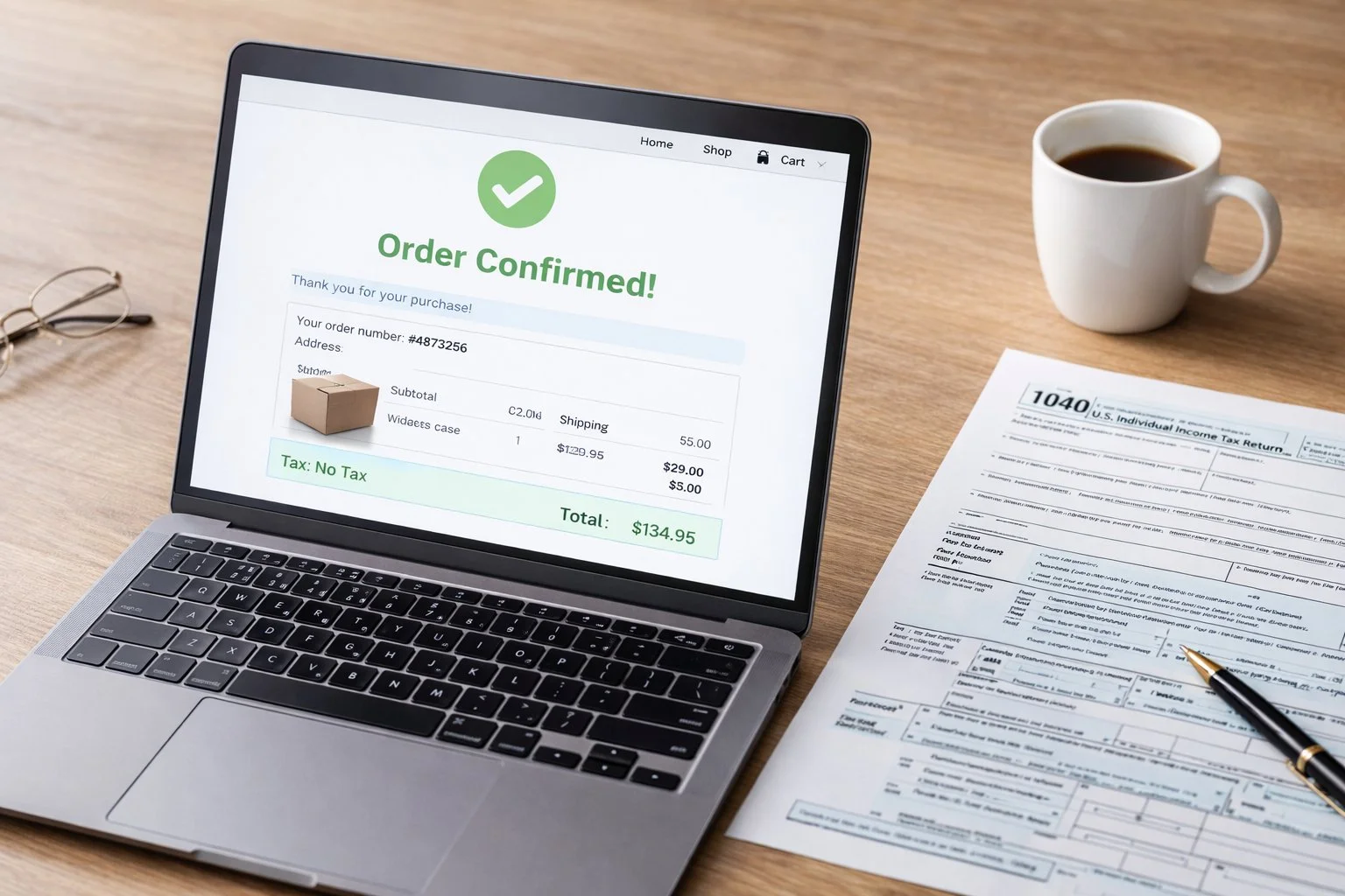 Laptop showing an online purchase confirmation without tax, with a tax form placed nearby.