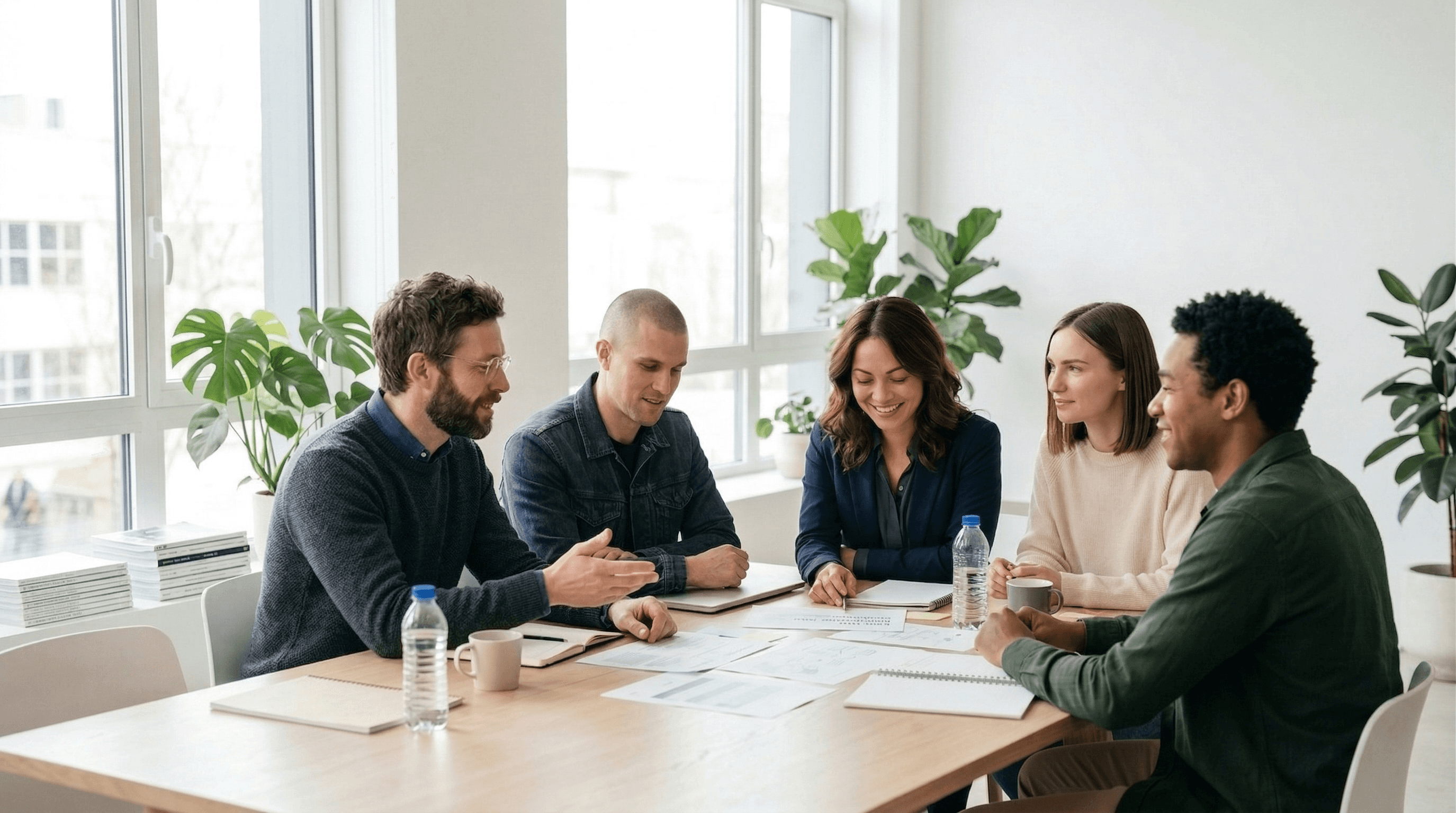 Team of five collaborating around a table reviewing documents in a bright office