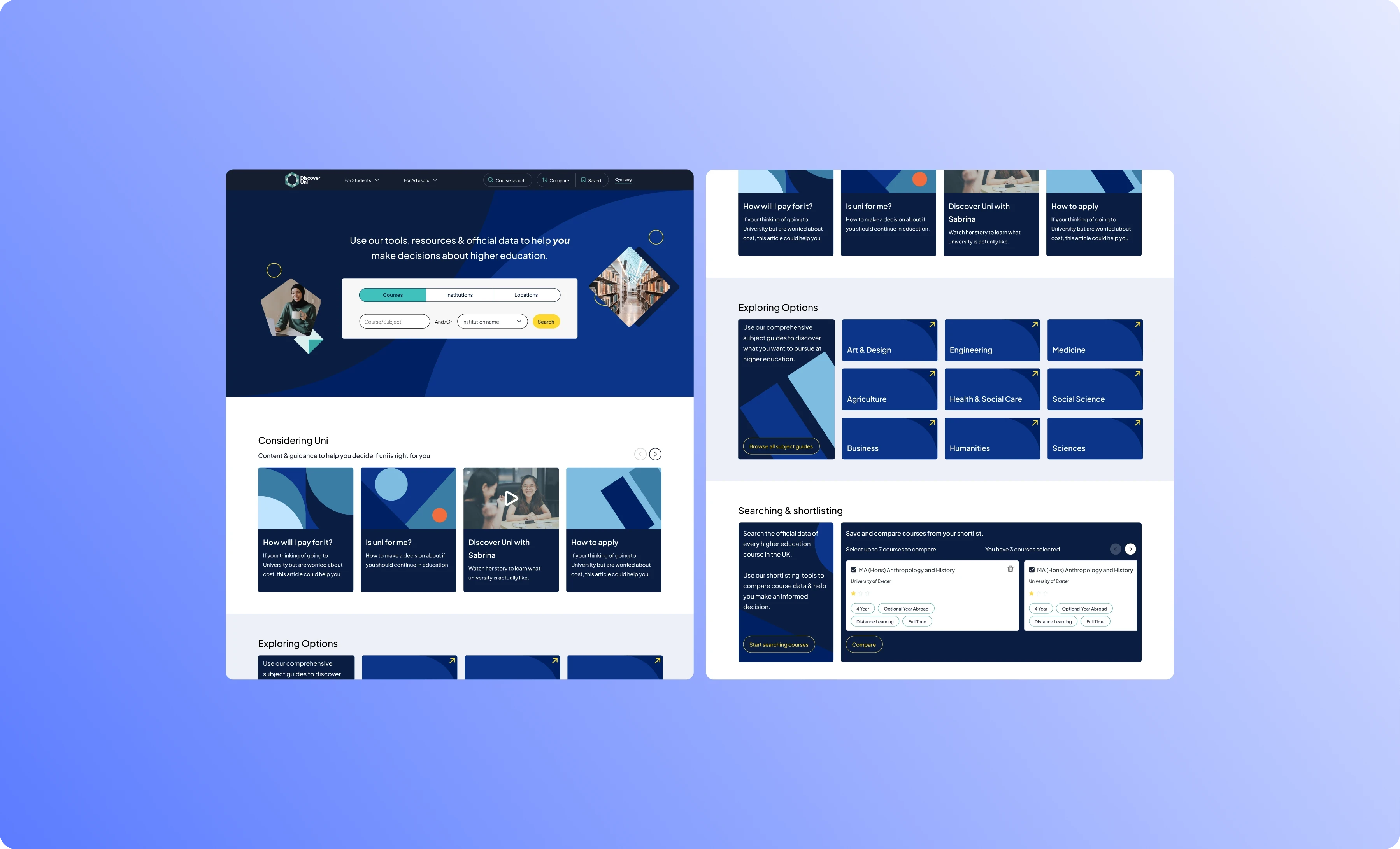 Screenshots of an educational website with search features for courses, institutions, and locations, showing sections on exploring options, considering universities, and comparing courses.