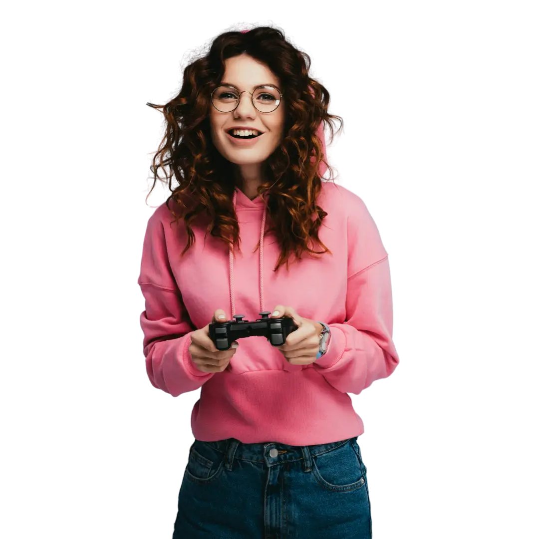 A cheerful woman with curly hair and glasses, wearing a bright pink hoodie, holds a video game controller while smiling against a lavender background. This hero image for Whisprice promotes their Harvey Norman price tracker, featuring a notification overlay showing a price drop for a VisionMax 55-inch QLED Smart TV.