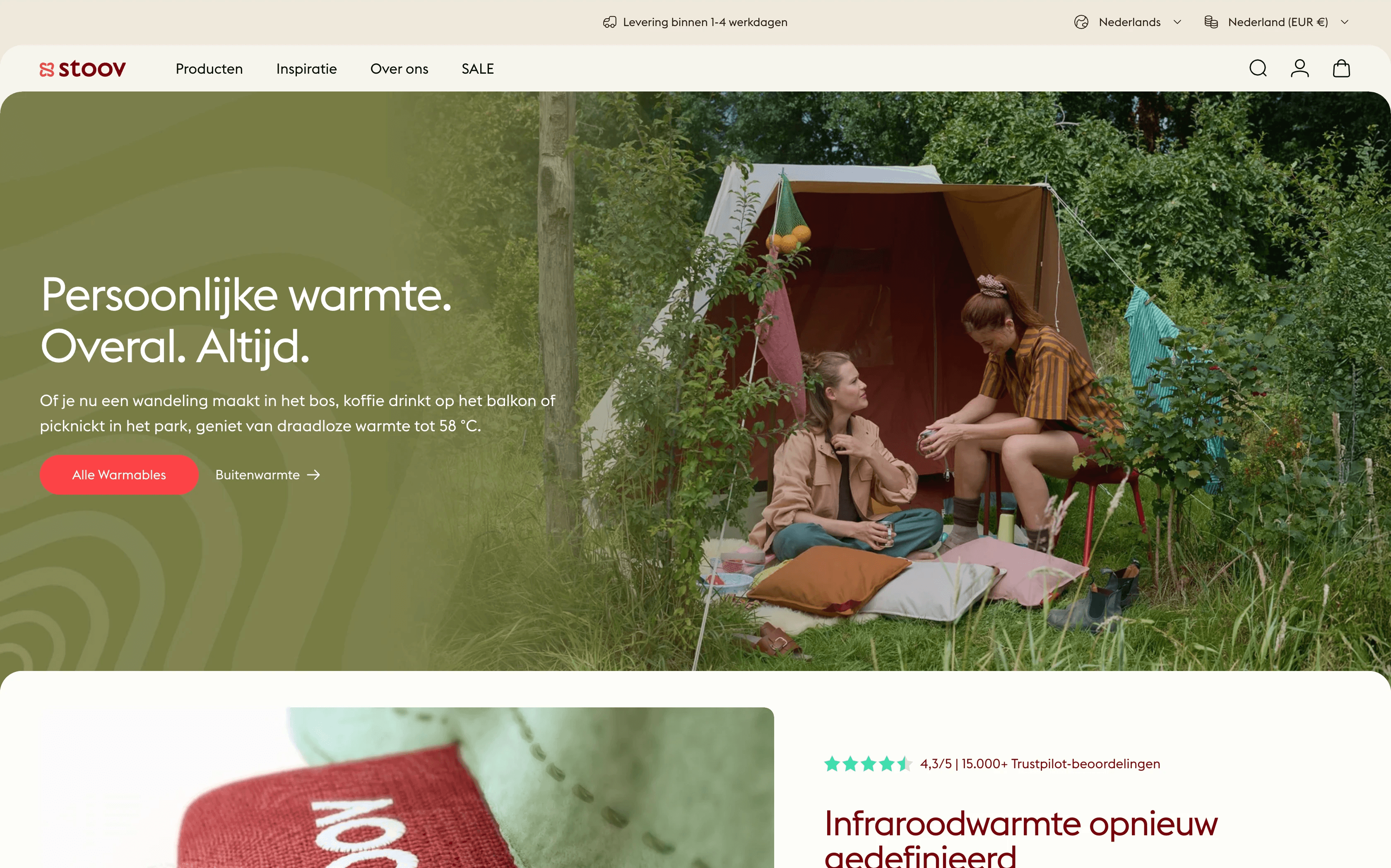 Stoov homepage on desktop with an outdoor heated cushion campaign