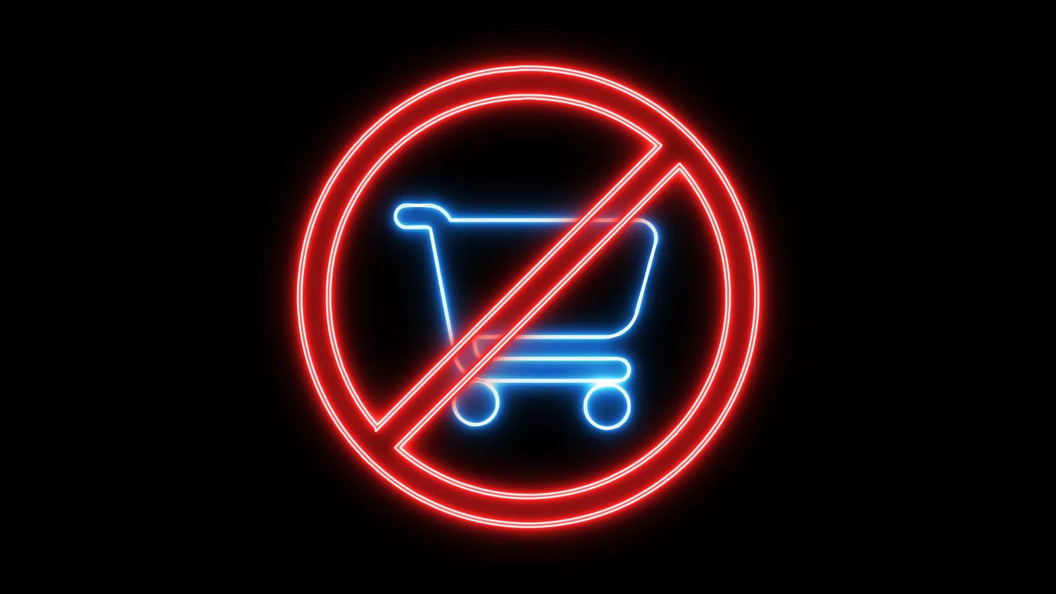 Neon 'no shopping' sign, with a blue shopping cart icon crossed out by a red circle, symbolizing e-commerce restrictions or account suspension.