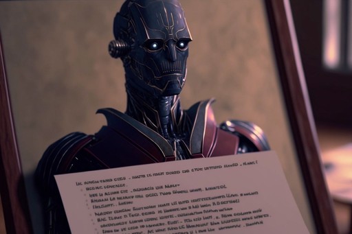  A humanoid robot with intricate facial features and a sophisticated armor design, holding a document with text, suggesting a scene from a science fiction narrative.