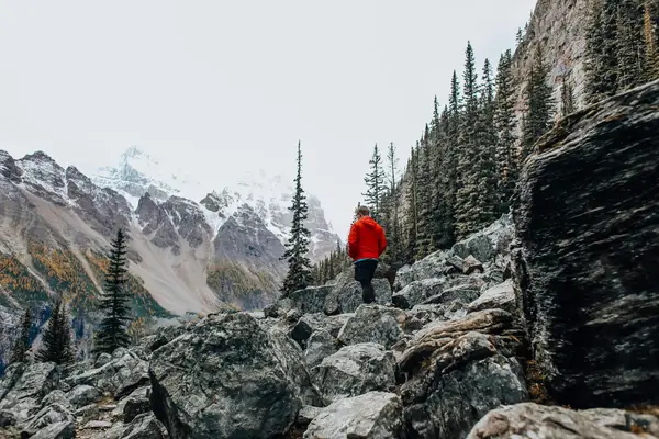 Randonneur en veste rouge progressant sur un sentier rocailleux dans la forêt de sapins, entouré de montagnes enneigées en arrière-plan. Ambiance de nature sauvage, aventure et exploration alpine.