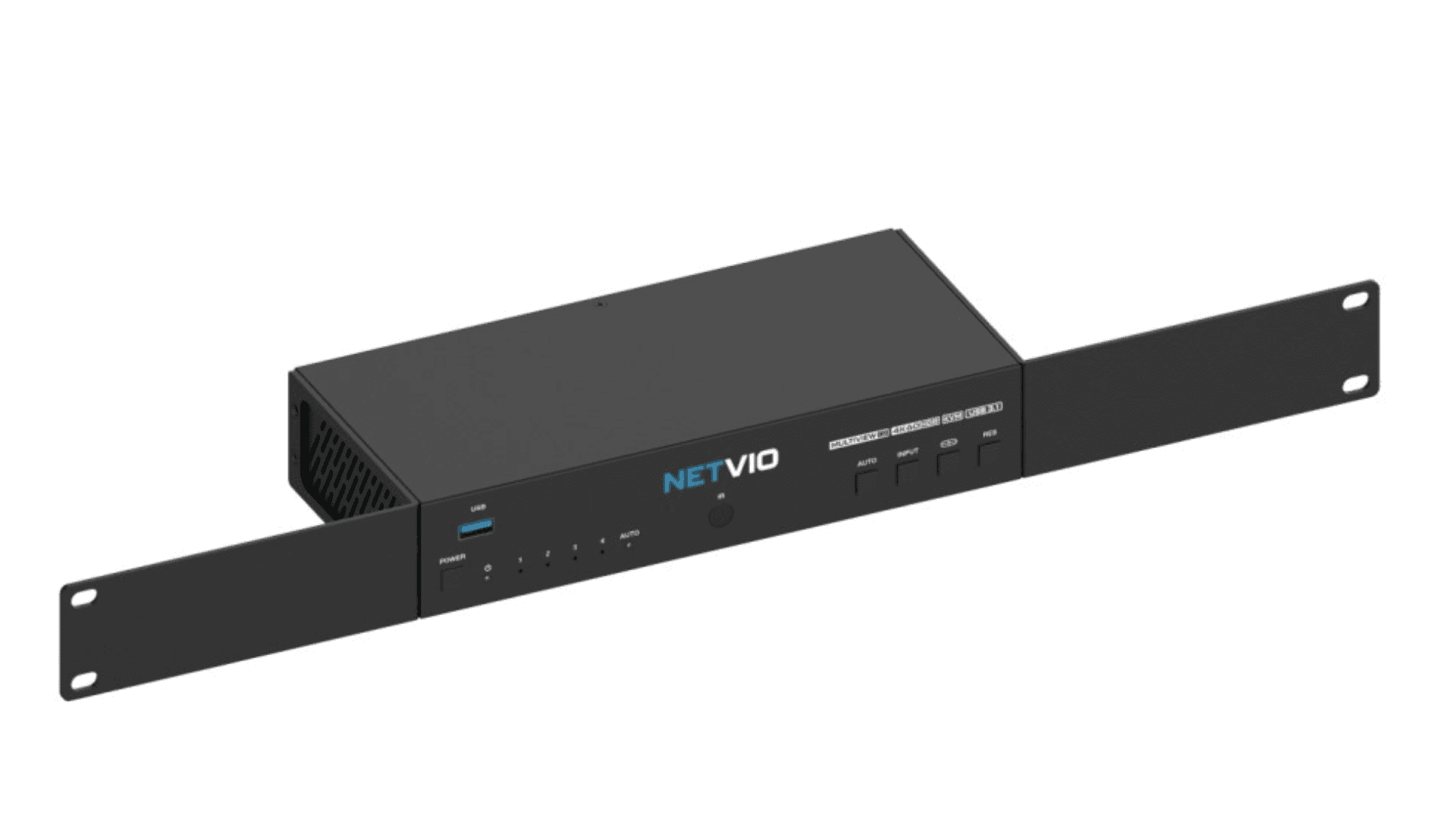 Black Netvio device with rack ears and front panel controls.
