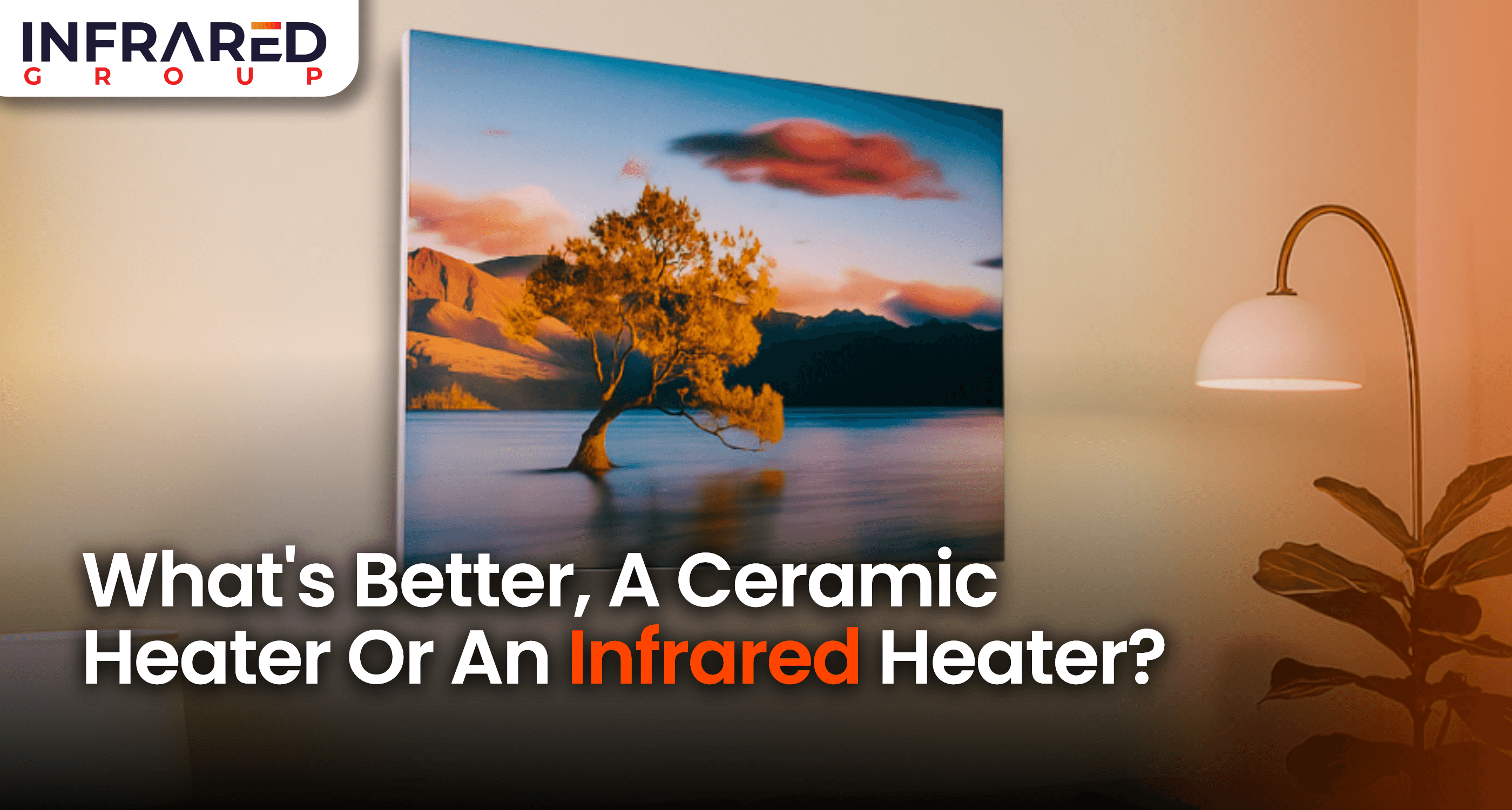 An image of an infrared panel with a golden tree printed on the front, mounted on the wall of a modern, cosy living room.