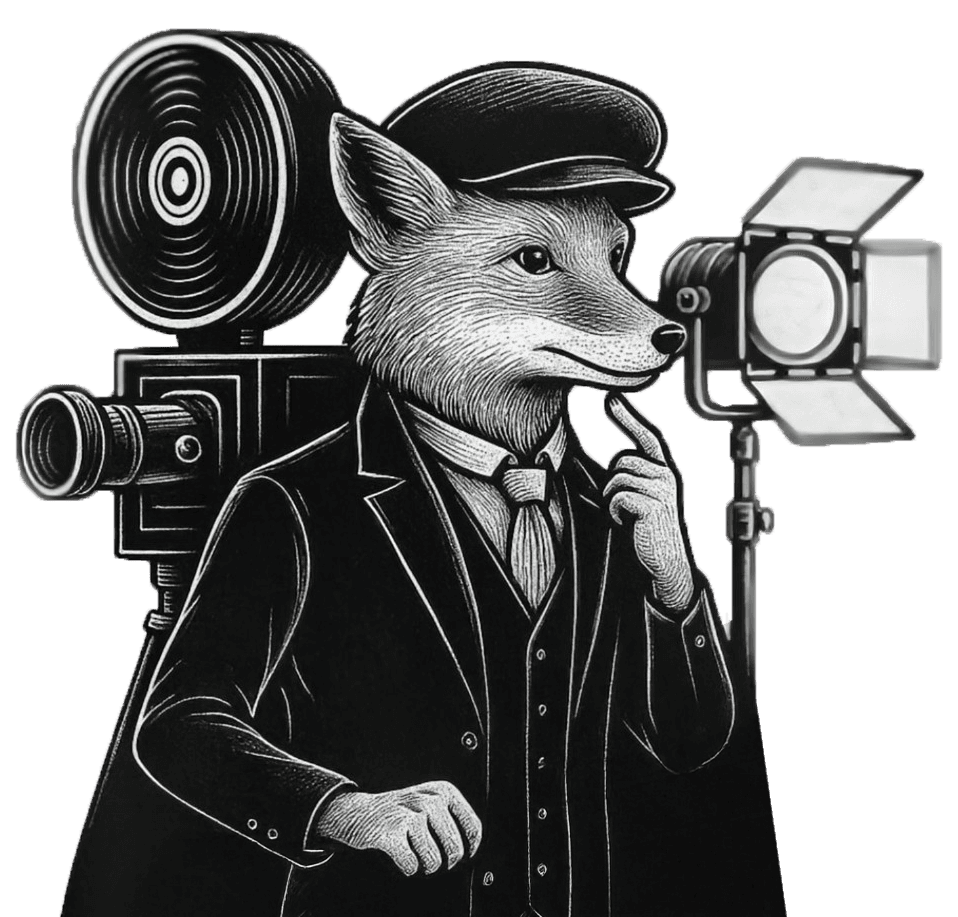 Illustration de la mascotte de La Tuilerie du Cinéaste, un renard réalisateur devant une caméra de cinéma et un projecteur
