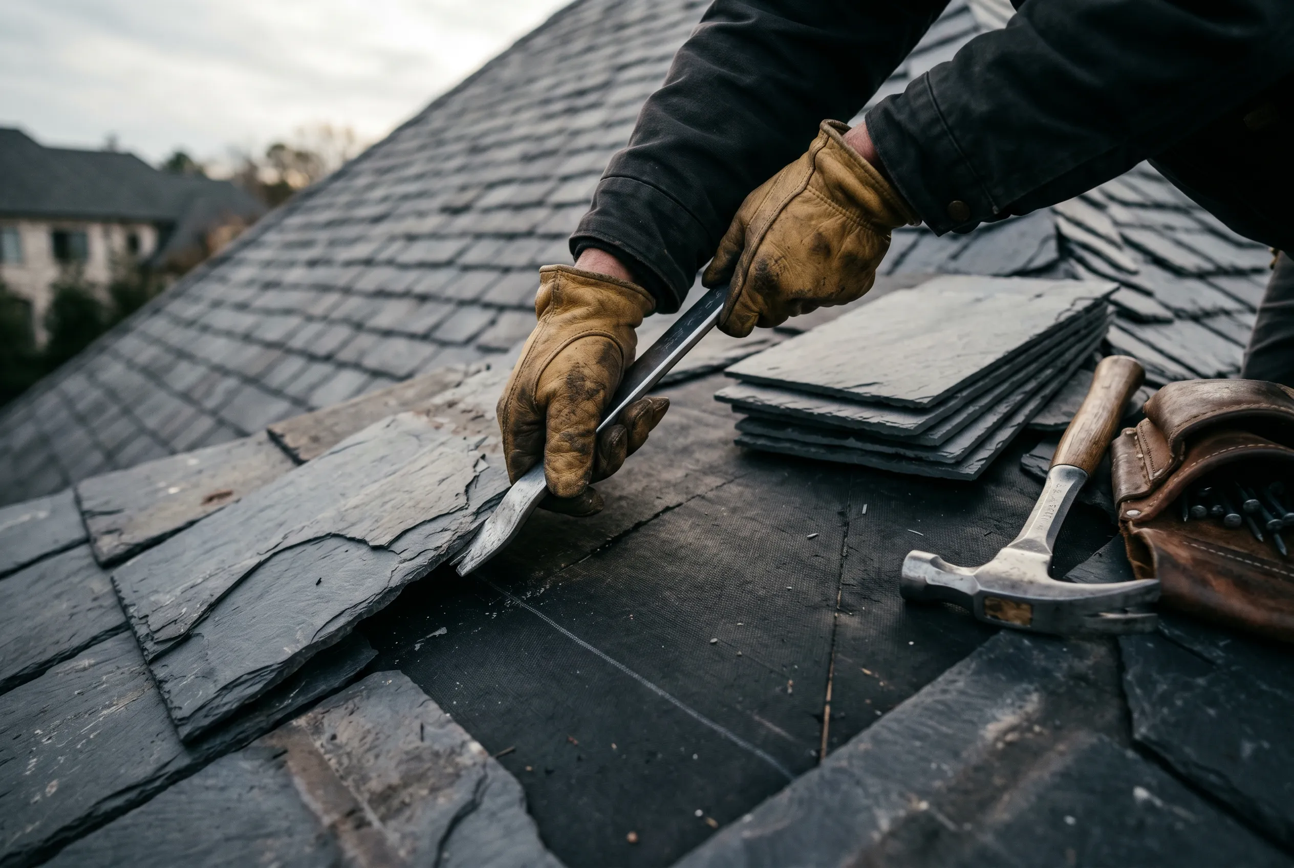 Close-up of a roofer repairing slate roof tiles with tools on a residential rooftop.