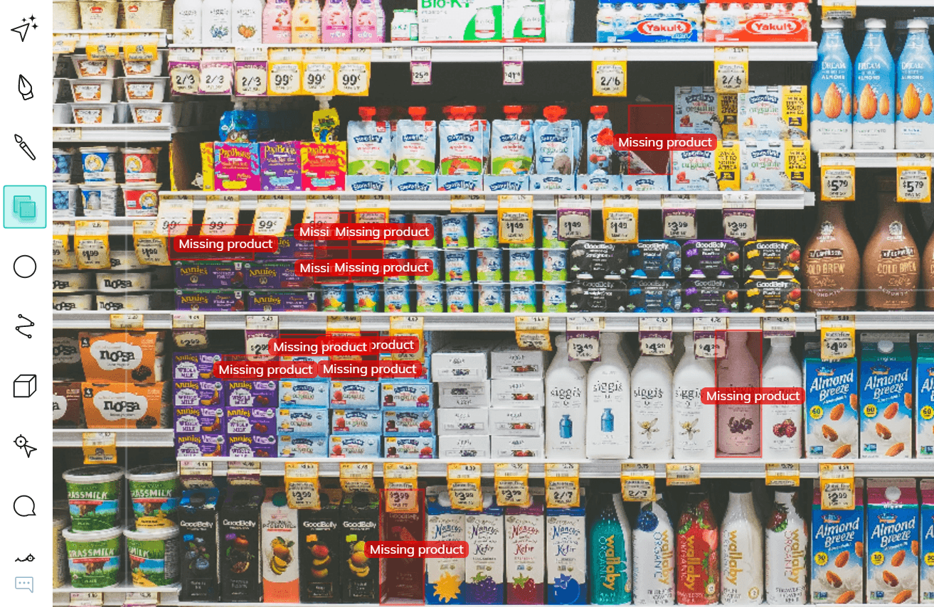 Bounding box annotations of missing products on a shelf in a store for automatic replenishment.