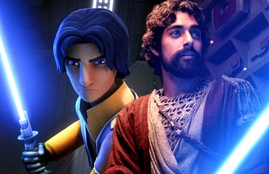 Ezra Bridger in both animation and live action - both figures wielding a lightsaber