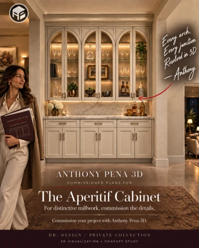 Concept wet-bar cabinet with three arched glazed bays beside an illustrated woman holding millwork plans.