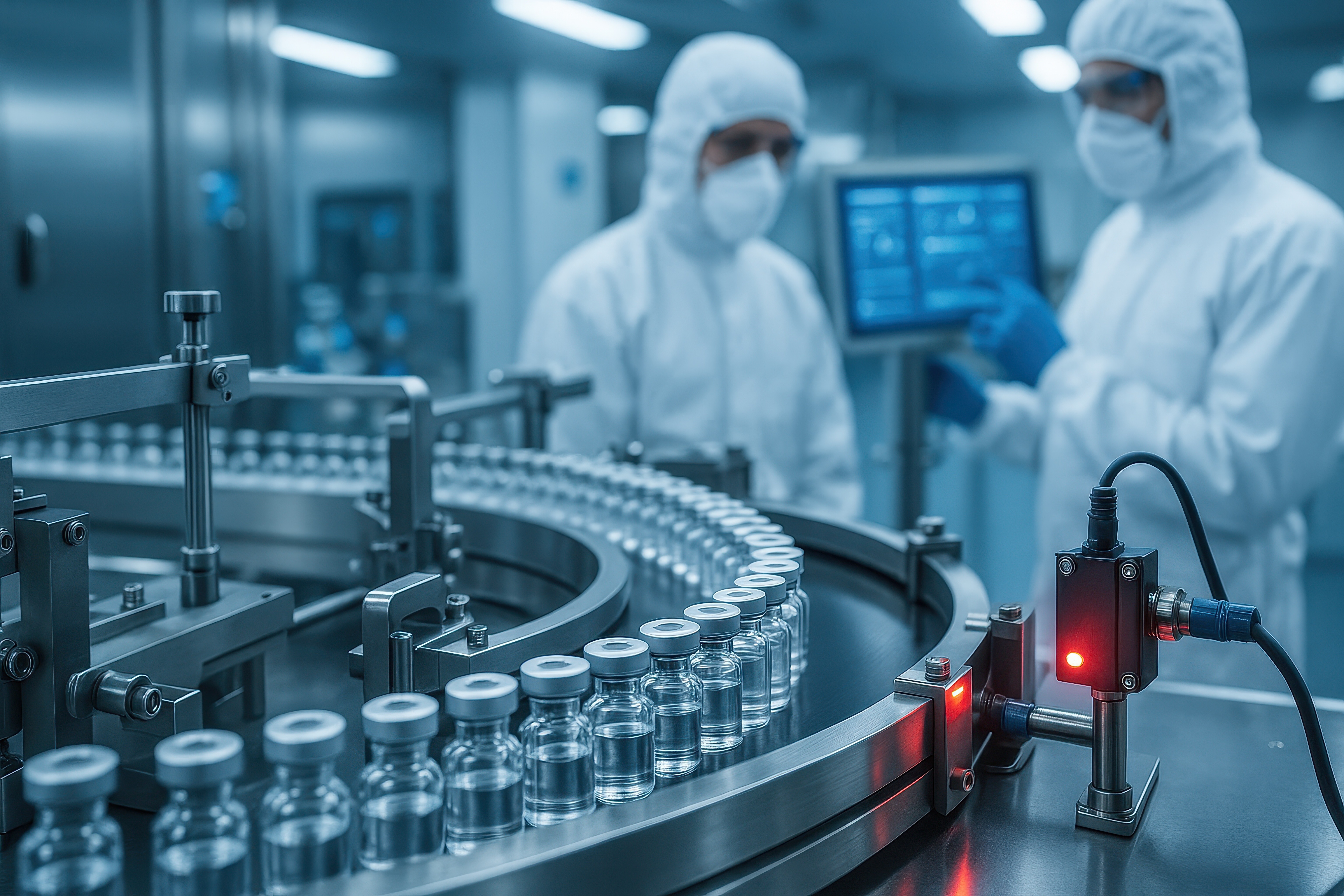 ISO 9001 auditor reviewing production processes with staff in a controlled manufacturing environment, representing evaluation of how quality management systems work in practice.