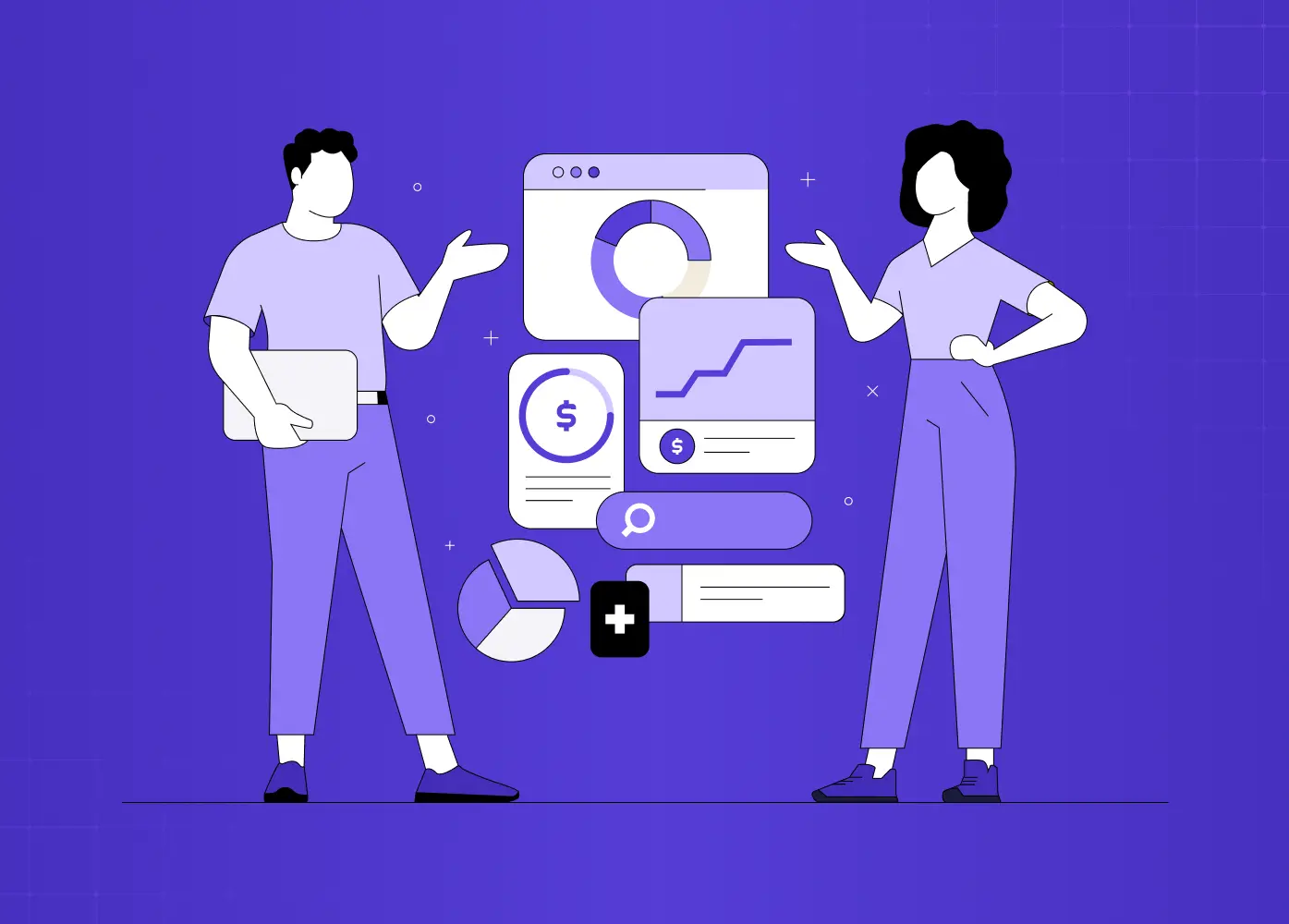 Two people discussing analytics dashboards and charts, symbolizing competitor research and product evaluation. 