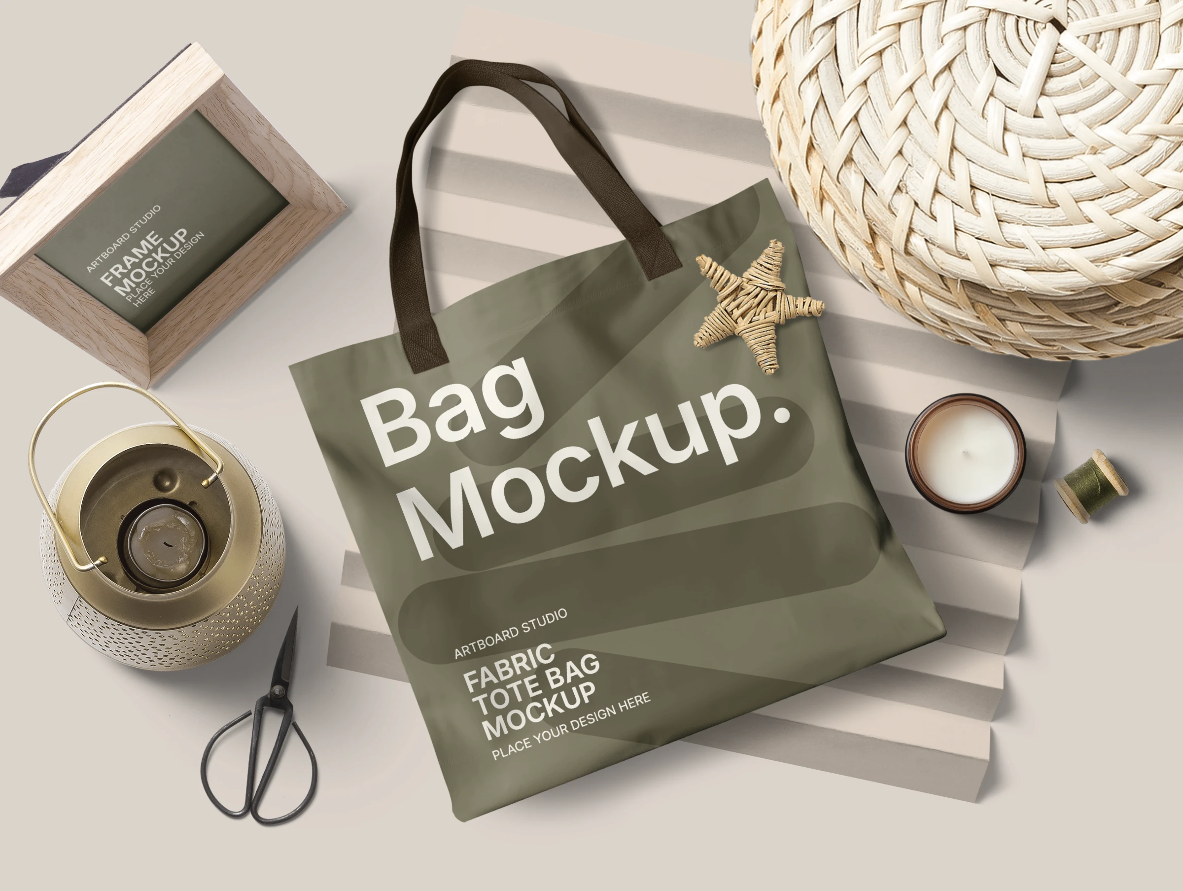 Fabric tote bag mockup with decorative props