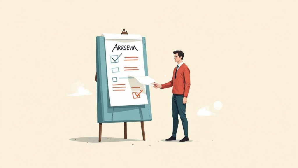 Eine Person sitzt an einem Schreibtisch und plant strategisch ihre nächsten Karriereschritte auf einem Tablet.