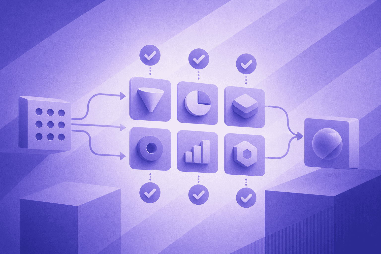 A flat design B2B software comparison concept illustration showing six distinct tool icons arranged in a grid layout with connecting arrows and checkmark indicators, representing feature coverage across different sales and marketing platforms, with a modern blue and teal color scheme, abstract geometric shapes suggesting evaluation criteria and decision-making, no text or labels anywhere