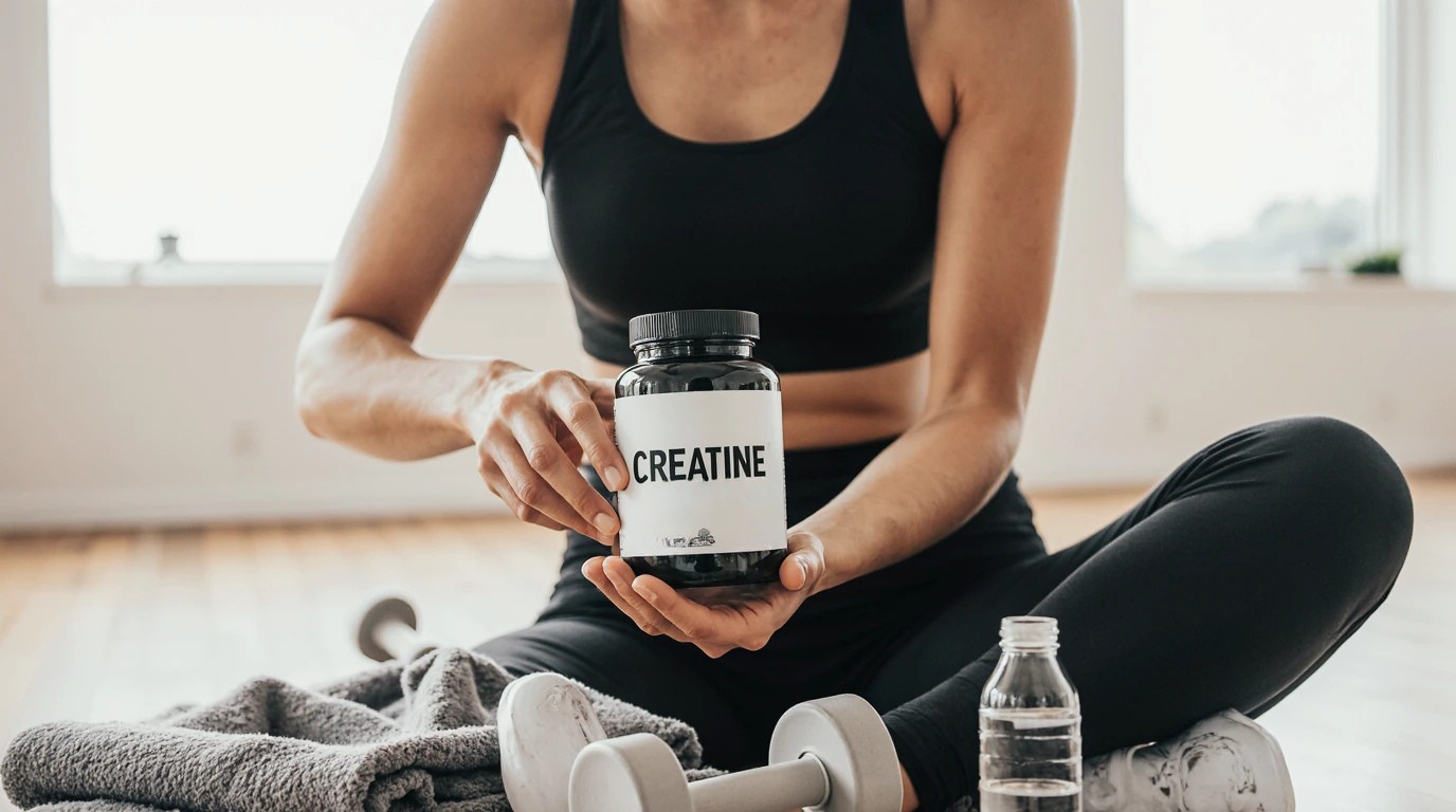 A woman in athletic wear sitting on a gym floor holding a black bottle of creatine, with a dumbbell and water bottle in the foreground.