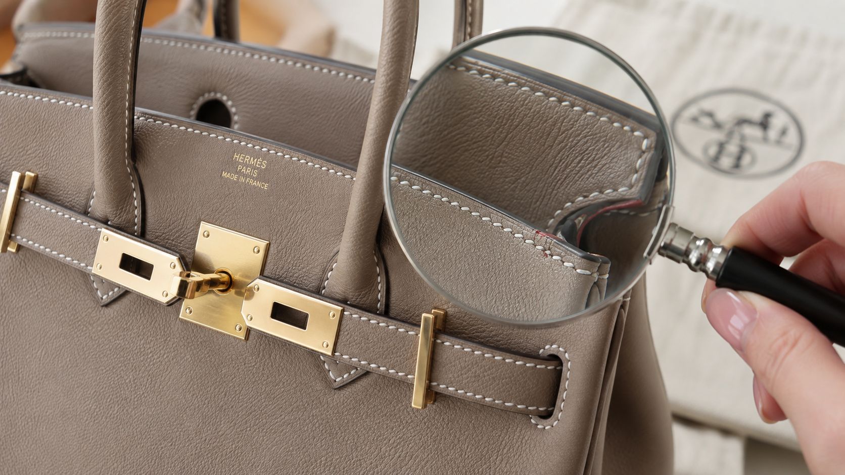 A close-up view through a magnifying glass inspecting the stitching and craftsmanship of a luxury handbag.