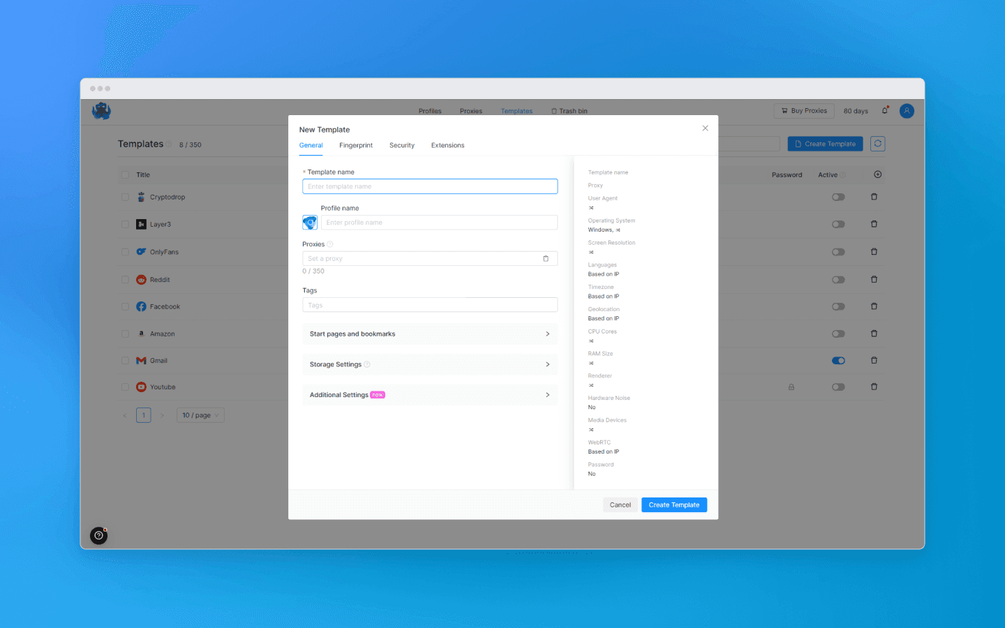 Profile template in Octo Browser 2