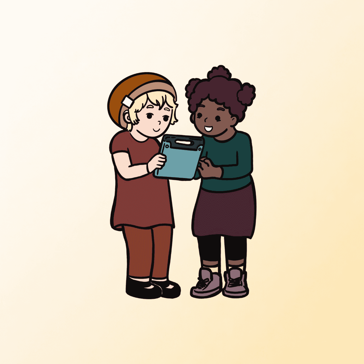 Illustration of two people using an AAC device together, showing collaborative communication between partners.