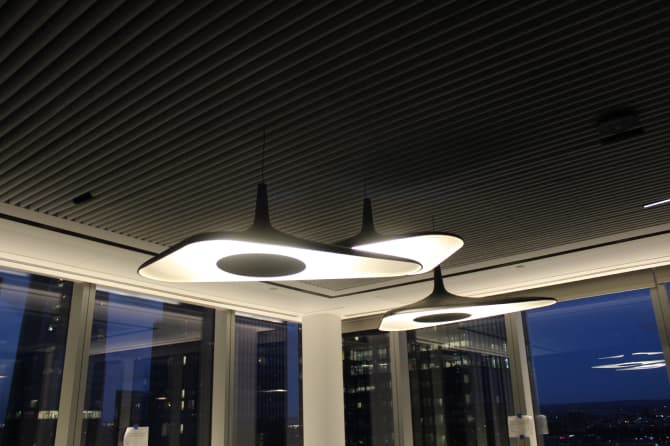 A close shot of a modern triangular light fixture