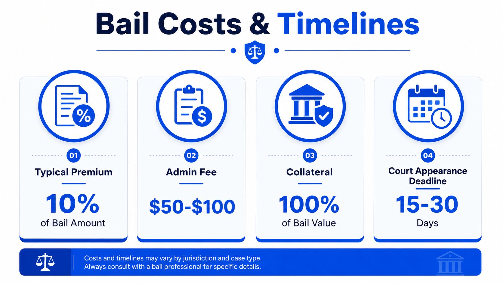 An infographic detailing bail costs and timelines including premium percentages, administrative fees, collateral requirements, and court appearance deadlines.
