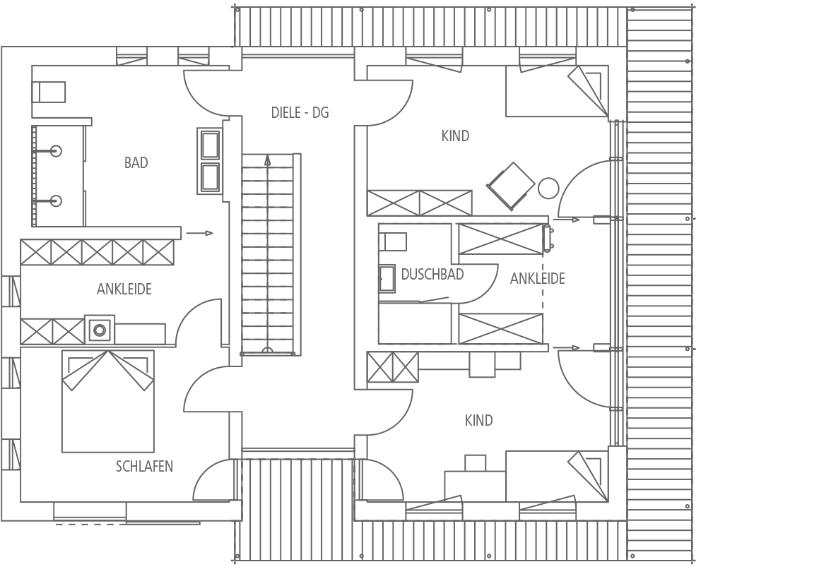 Grundriss einer Wohnung mit Diele, Bad, Schlafzimmer, Ankleide und zwei Kinderzimmern.