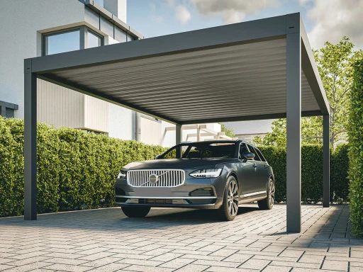 Hochwertiges geradliniges Kubus Carport montiert in Hamburg Sasel. Auch als Terrassenüberdachung mit Glas verwendbar.