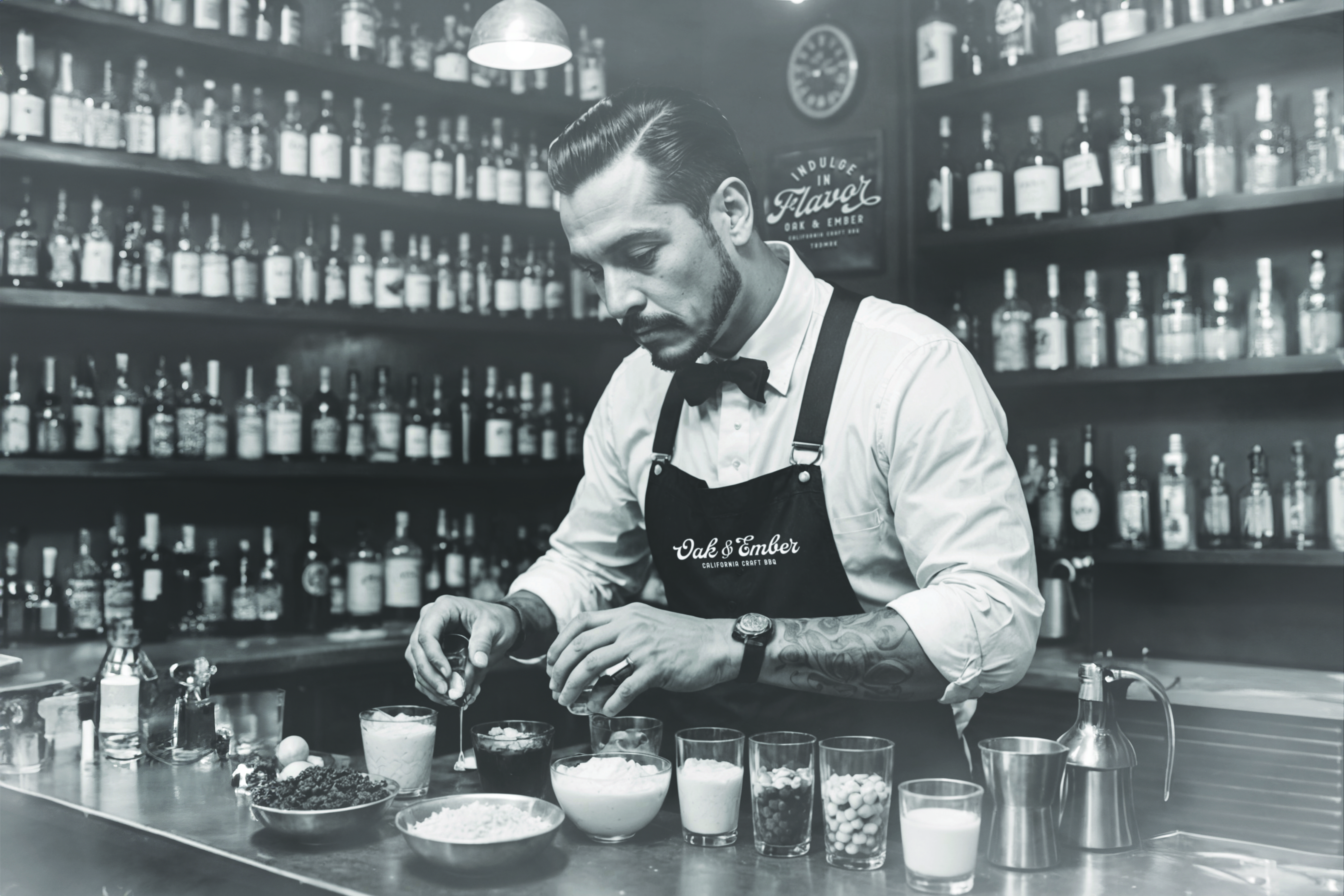 Bartender mixing drinks wearing Oak and Ember apron