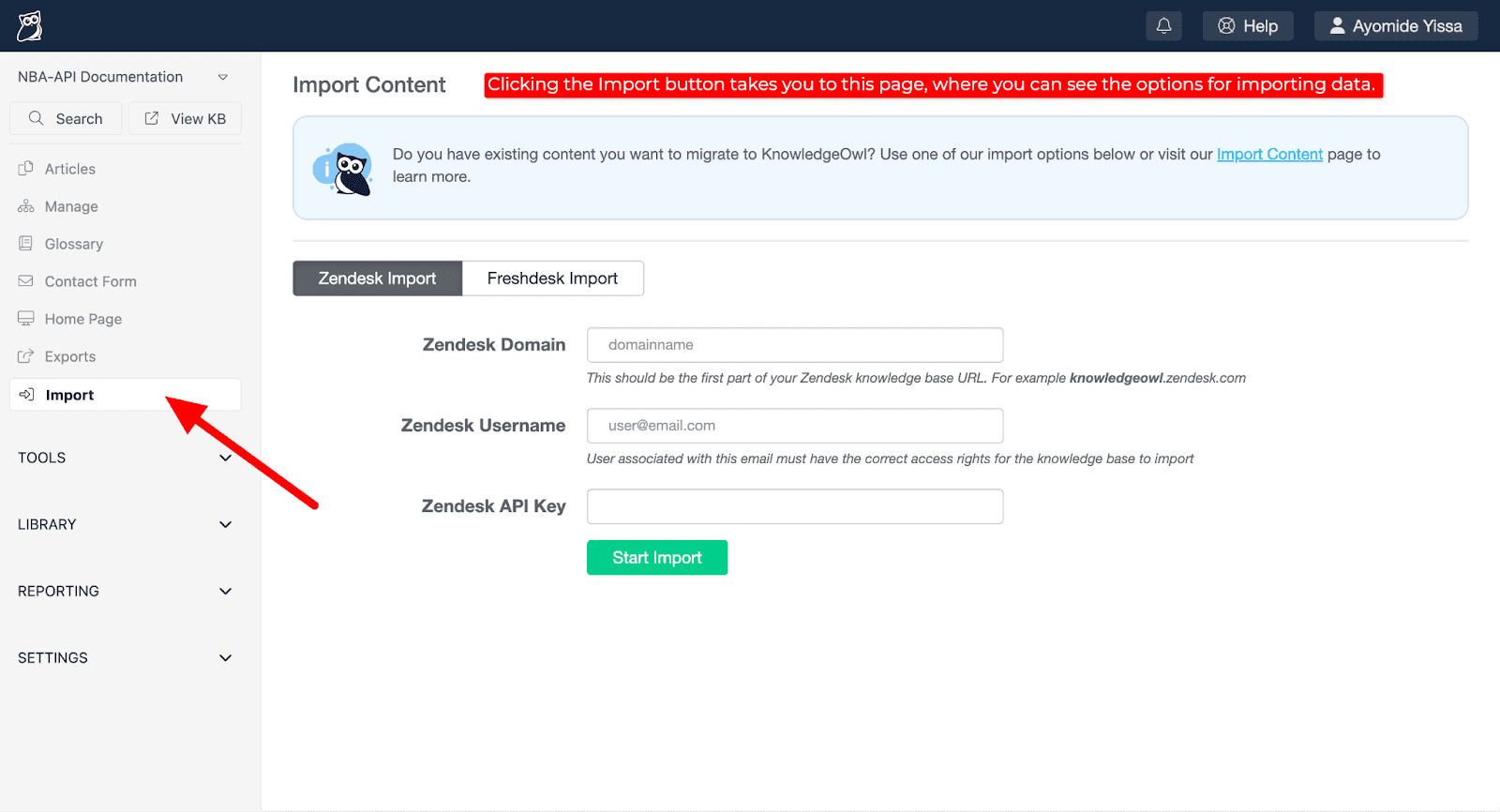 A screenshot of KnowledgeOwl's "Import Content" page.
