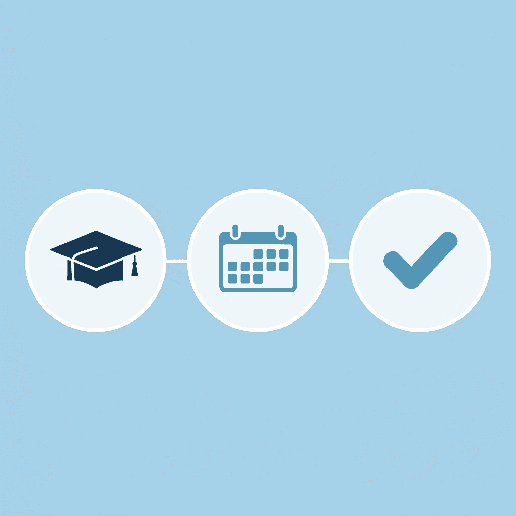 Timeline showing graduation preparation phases: practice ceremonies 2-3 weeks before, outfit selection 1 week before, and graduation day