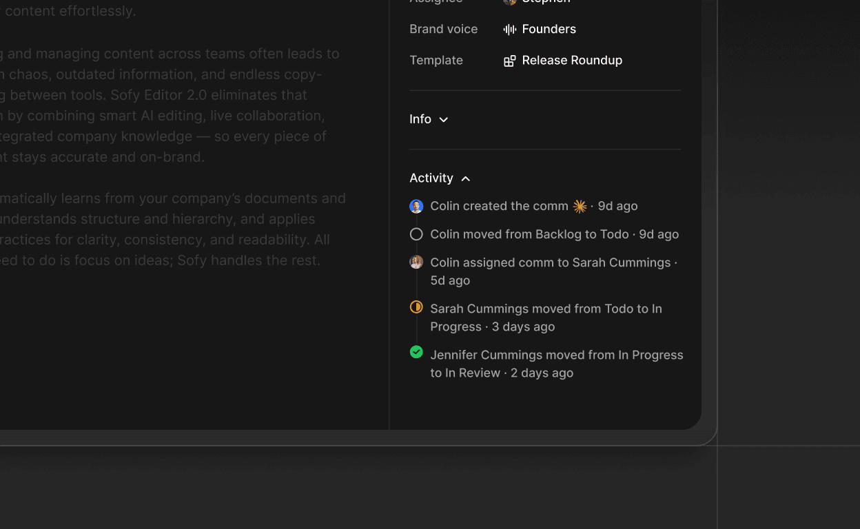 Activity history panel showing status changes, assignments, and updates for a comm in Brivvy.