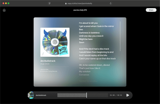 Jasmine Kelly's music showcase with album cover, song titles, lyrics, and songwriting credits on her artist profile page