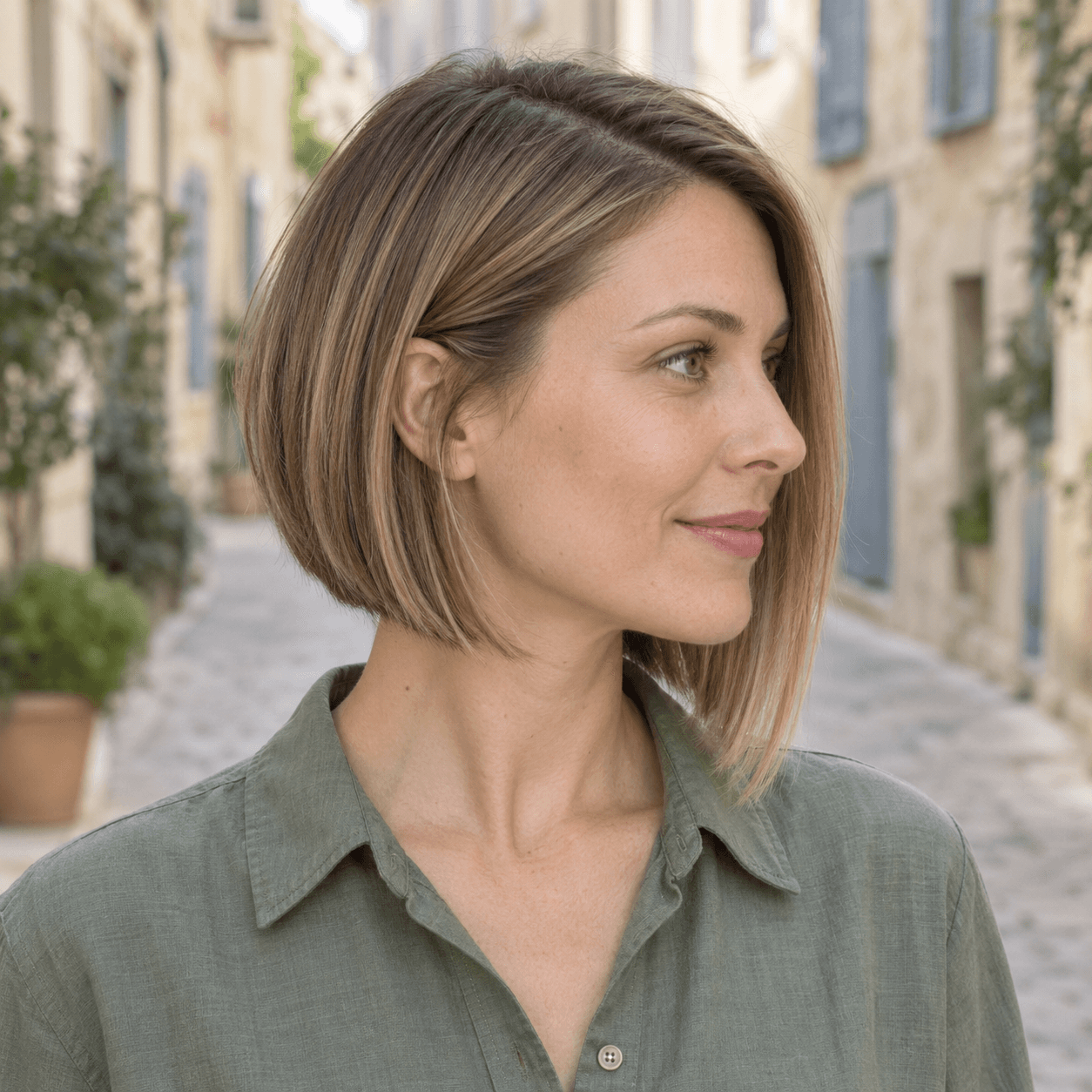 Carré plongeant blond, plus court à la nuque et plus long vers l’avant